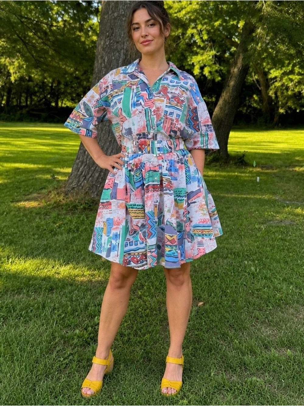 Vintage 80s Abstract Art Shirt Dress 10 Drop Waist Colorful Belted Cotton